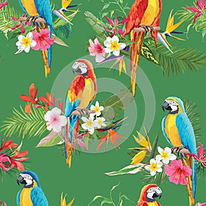 Tropical Flowers and Parrot Birds Seamless Background