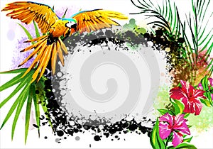 Tropical flowers and a parrot with a white banner.