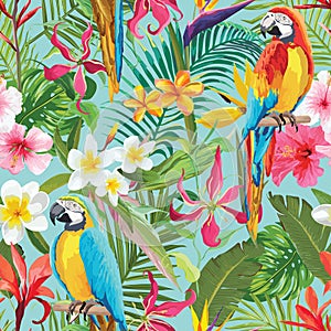 Tropical Flowers and Parrots Seamless Floral Summer Pattern