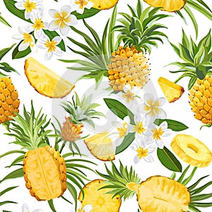 Tropical Flowers and Pineapple Seamless Pattern, Vector Fashion Exotic Background, Plumeria Fruits Texture