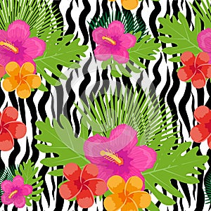 Tropical flowers, plants, leaves and animal skin seamless pattern. Summer Endless floral background. Paradise repeating