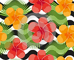 Tropical flowers, plants, leaves and animal skin seamless pattern. Summer Endless floral background. Paradise repeating