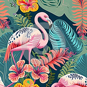 Tropical flowers, plants, leaves and flamingos.