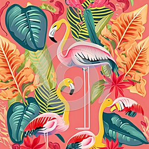Tropical flowers, plants, leaves and flamingos.