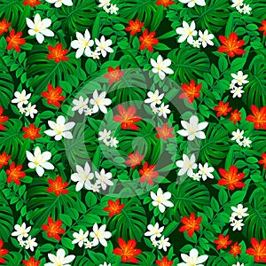 Tropical flowers repeat background. Rain forest vector illustration. Summer floral seamless pattern. Exotic tropic palm