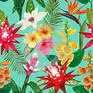 Tropical Flowers Seamless Pattern. Summer Floral Background with Tiger Lily Flower and Hibiskus. Blooming Design photo