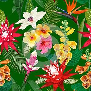 Tropical Flowers Seamless Pattern. Summer Floral Background with Tiger Lily Flower and Hibiskus. Blooming Design photo