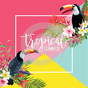 Tropical Flowers and Toucan Birds Summer Banner, Graphic Background, Exotic Floral Invitation, Flyer or Card. Modern Front Page