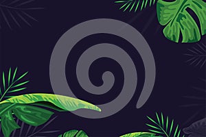 Tropical foliage with exotic jungle plants on dark blue background.