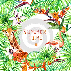 Tropical forest leaves, exotic flowers, flamingo, giraffe. Wildlife card, poster design. Watercolor