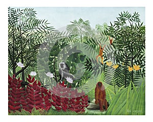 Tropical forest with monkeys vintage illustration wall art print and poster design remix from original artwork by Henri Rousseau photo