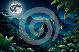 Tropical forest mountains landscape on full moon. wallpaper design