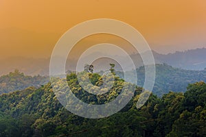 Tropical forest with mountains and majestic orange sky and clouds. Camping site at Maewong National Park, Nakhonsawan, Thailand