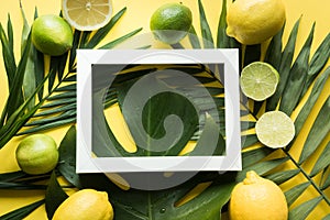 Tropical frame of palm and monstera on yellow. Summer background. Top view, flat lay