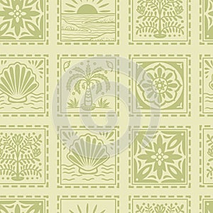 Tropical frame seamless pattern with palm tree seashell sun ocean tile vector