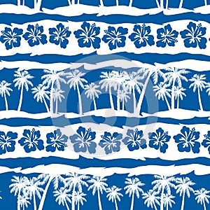 Tropical frangipani with beach palms seamless pattern