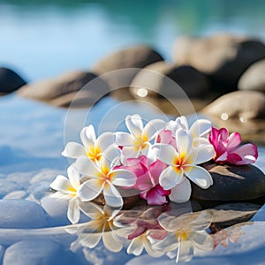 Tropical frangipani or plumeria flowers on people rock clearly water surface nature background summer day AI generated