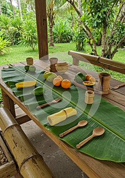 Tropical Fruit Arrangement on Bamboo Table Outdoors
