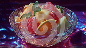 Tropical fruit bowl with neon glow and reflective surface