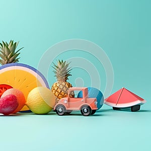 tropical fruit and car toy in blue background ai generated