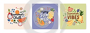 Tropical fruit cards designs with summer quotes, different sweet vitamin berries, watermelon, pineapple, bananas. Exotic