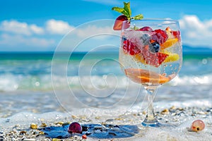 Tropical fruit cocktail in a glass on sandy beach, perfect for a refreshing summer drink