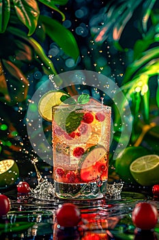 Tropical Fruit Cocktail with Splashing Water Against Lush Greenery Background, Vibrant Summer Drink Concept