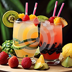 Tropical fruit cocktails with decorative straws and fruit garnishes