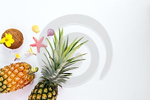 Tropical fruit composition with pineapples, coconut, flowers, shells and starfish.