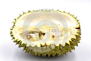 Tropical fruit durian half cut on white background. Tasty fruit with awfull smell. Exotic fruit durian half cut