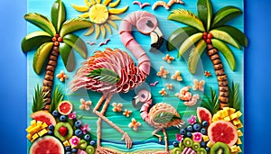 Tropical Fruit and Flamingo Themed Cake Decoration