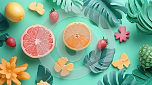 Tropical fruit flat lay on vibrant green background photo