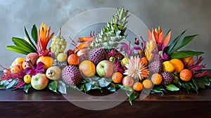 Tropical Fruit and Flower Centerpiece on a Wooden Table