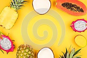 Tropical fruit frame on a bright yellow background