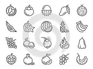 Tropical fruit icon set. Included icons as durian, mango, banana, longan, pineapple and more.