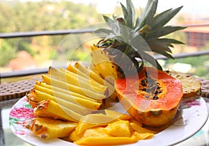 Tropical fruit pineapple, mango, corambola, papaya