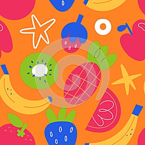 Tropical fruit print, bright bold background, banana, kiwi, strawberry, orange fruits and berries, abstract