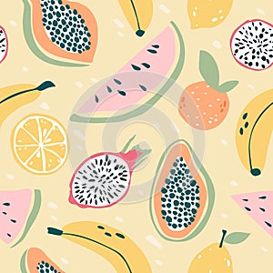 Tropical fruit seamless pattern. Cute and colourful background with bananas, watermelon, lemon