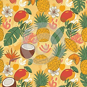 Tropical Fruit Seamless Pattern: Yellow Background with Pineapple, Mango, and Coconut