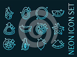 Tropical fruit set icons. Blue glowing neon style.