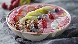 A tropical fruit smoothie bowl topped with granola sliced fruits and a dollop of creamy coconut yogurt photo