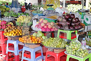 Tropical fruit sold in a Cambogian food street market