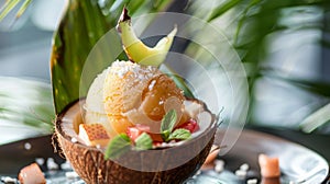 A tropical fruit sorbet served in a hollowed out coconut with a s made from a banana leaf for an added tropical touch photo