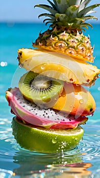 Tropical Fruit Stack with Pineapple Kiwi Dragon Fruit and Lime Over Water