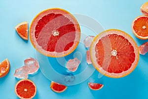 Tropical fruit summe red grapefruit berries and ice on blue background