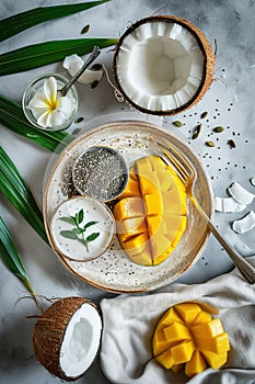 Tropical fruits, chia seeds, and yellow flower arrangement., AI Generated