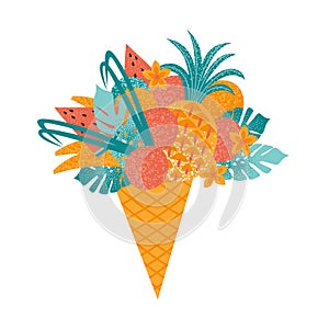 Tropical fruits, flowers and leaves in a waffle cone with ice cream. Sweet summer concept illustration