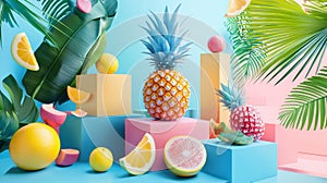 Tropical fruits with geometric blocks and palm leaves photo