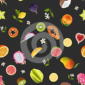 Tropical fruits illustration. Seamless pattern on dark background. Dragon fruit, kiwi, papaya, carambola, star fruit, lemon, orang