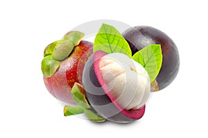 Tropical fruits. Mangosteens Queen of fruits, mangosteen and another cut in half isolated on white with clipping path
